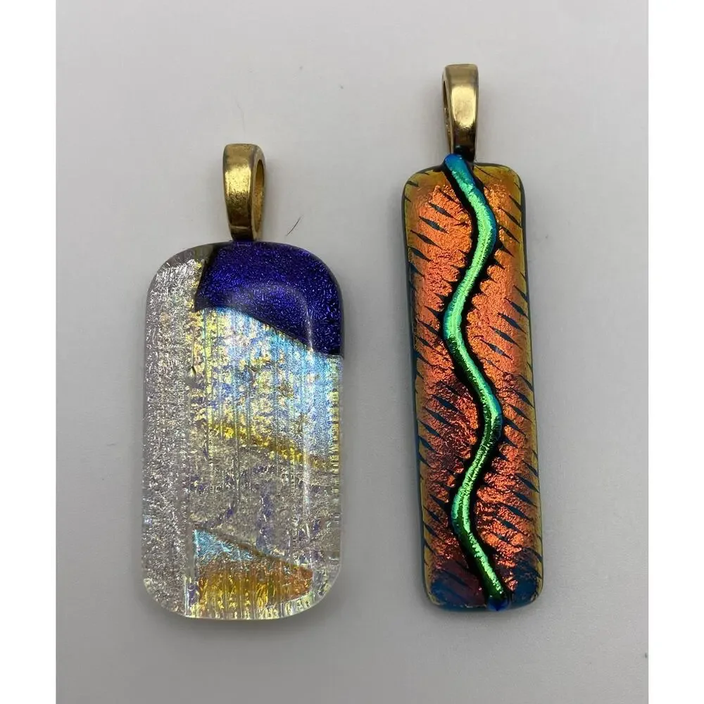 2 Dichroic Glass Pendants Orange Green Blues Craft Jewelry Making - Picture 1 of 4
